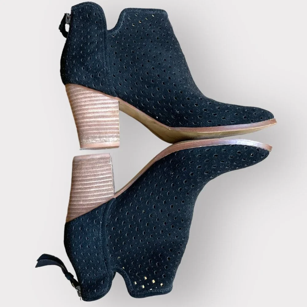 Marc Fisher Size 8.5 M Black Suede Perforated Stacked Block Heel Ankle Booties